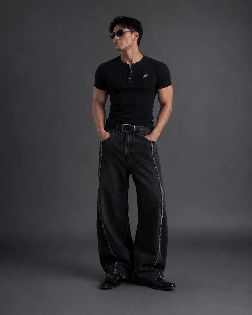 Rib Henley Black T-Shirt