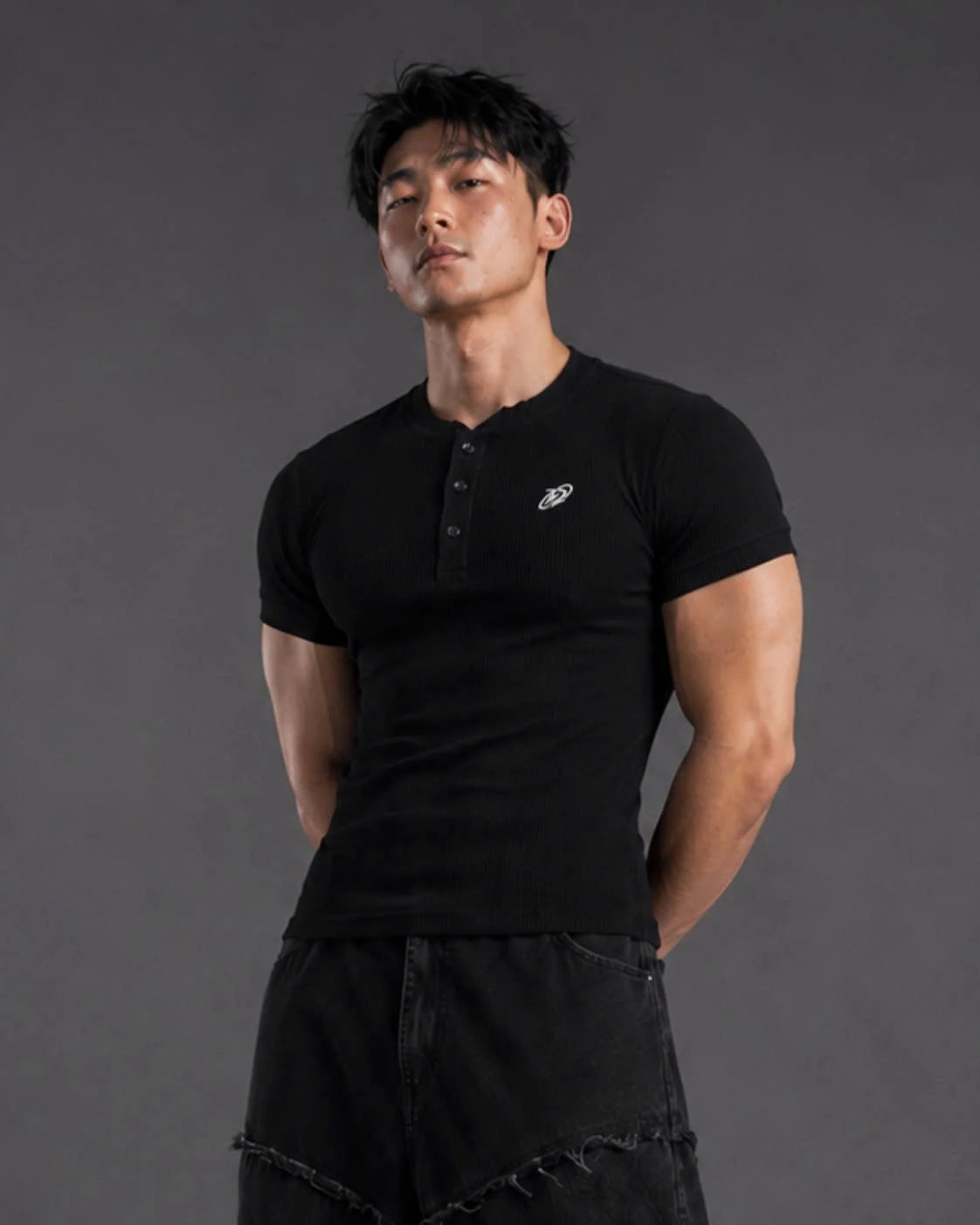 Rib Henley Black T-Shirt